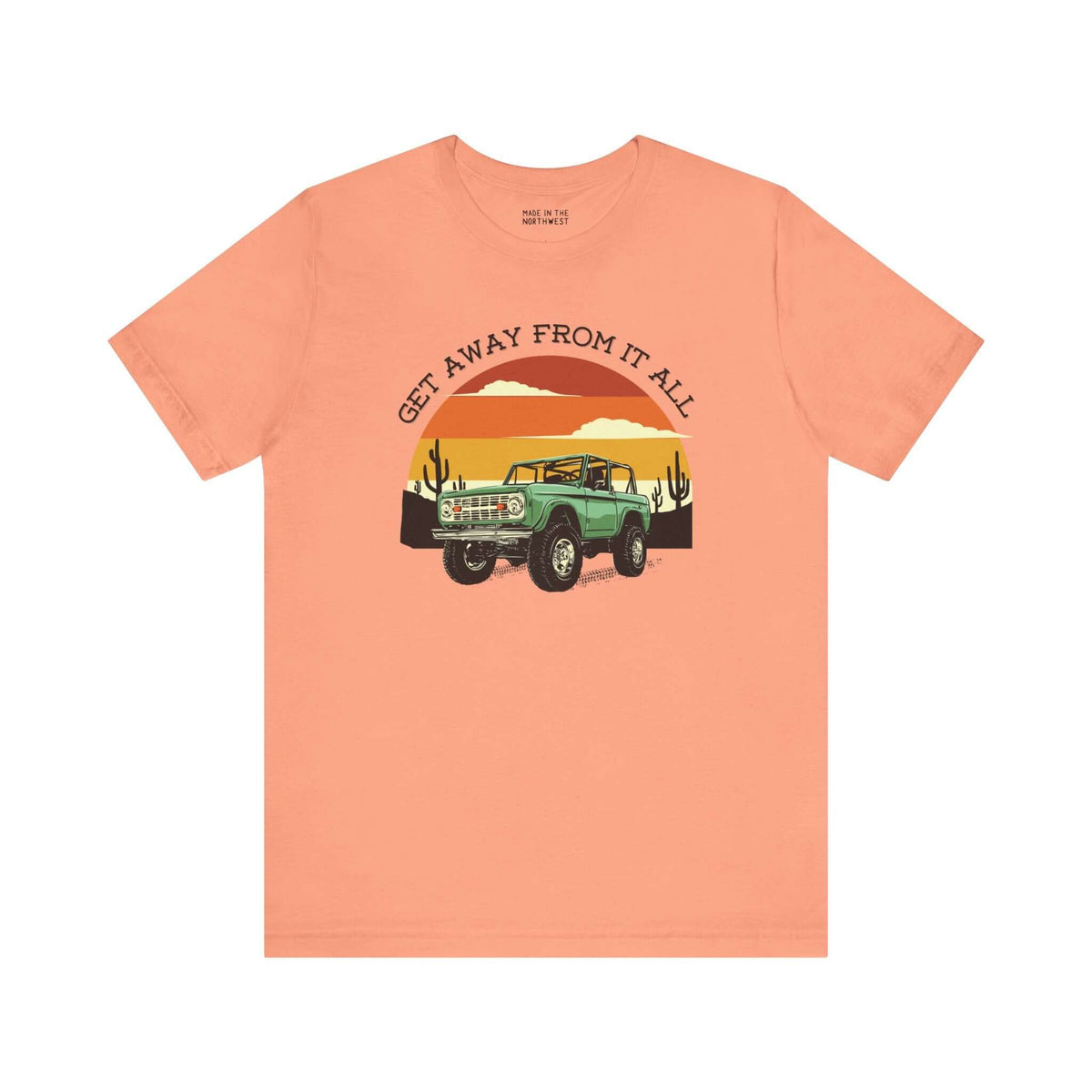 Get Away From It All vintage Bronco soft tee in coral featuring a classic Bronco and sunset design.