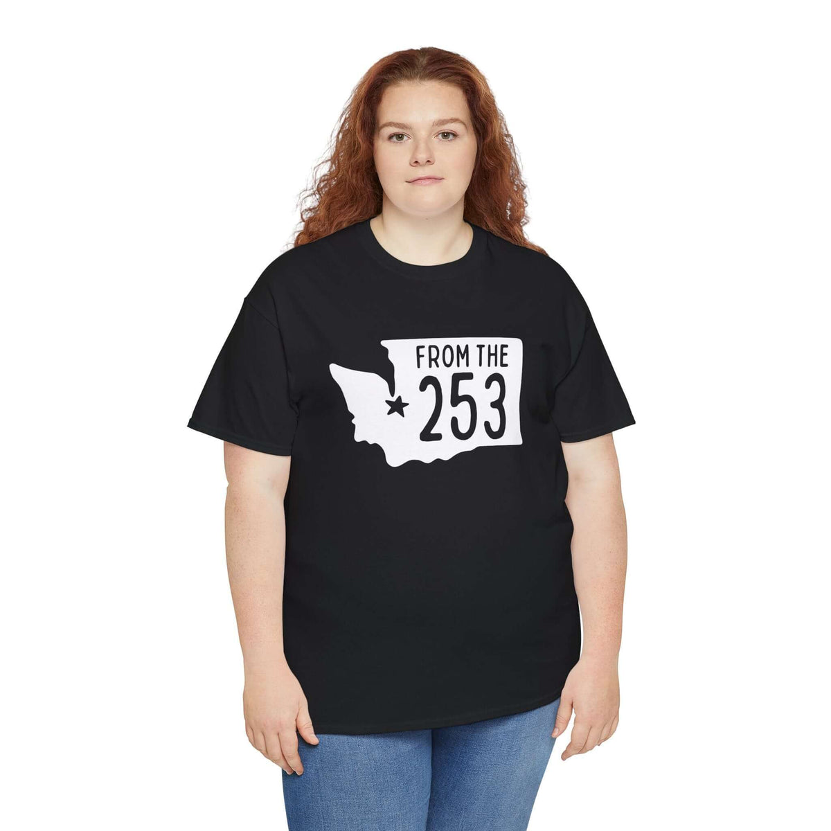 Woman wearing "From the 253" tee with Washington silhouette and Tacoma star design, showcasing local pride and area code.