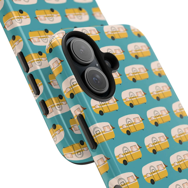 Happy Camper Adventure tough phone case with vintage camper design, perfect for travel lovers.