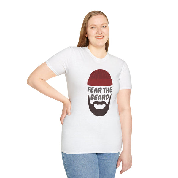 Fear the Beard Lumberjack Softstyle T-Shirt displayed on a model, featuring bold beard graphic design.