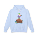 Light blue hoodie featuring a gnome with an axe standing on a stump and text 'Say Hello to My Little Friend'.