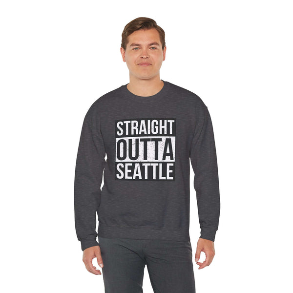 Man wearing "Straight Outta Seattle" sweatshirt, dark gray, local pride streetwear inspired by "Straight Outta Compton" design.