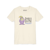 Kids heavy cotton tee featuring a playful Purple People Eater with an umbrella and the text 'People in Portland Don't Tan They Rust'.