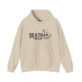 Death Before Decaf hoodie with skull coffee mug design, perfect for coffee lovers.