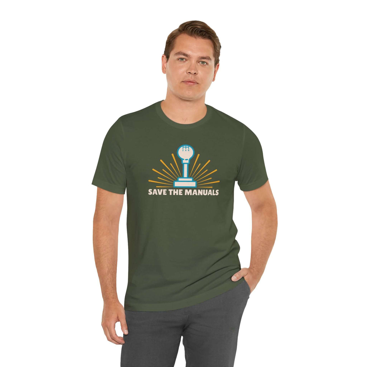 Save the Manuals T Shirt featuring a gearshift graphic, perfect for car enthusiasts who appreciate manual transmissions.