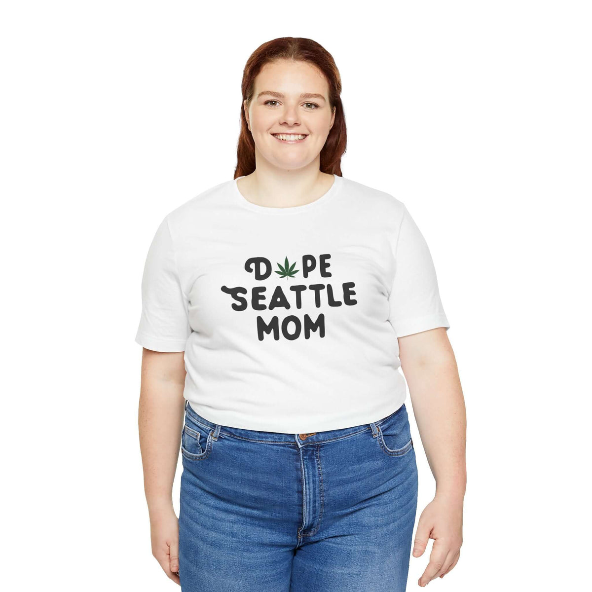 Model wearing Dope Seattle Mom premium soft tee with a playful marijuana leaf accent in Seattle.