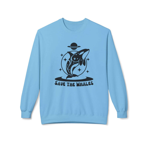 Save the Whales sweatshirt featuring a whale illustration and stars on a light blue crewneck.