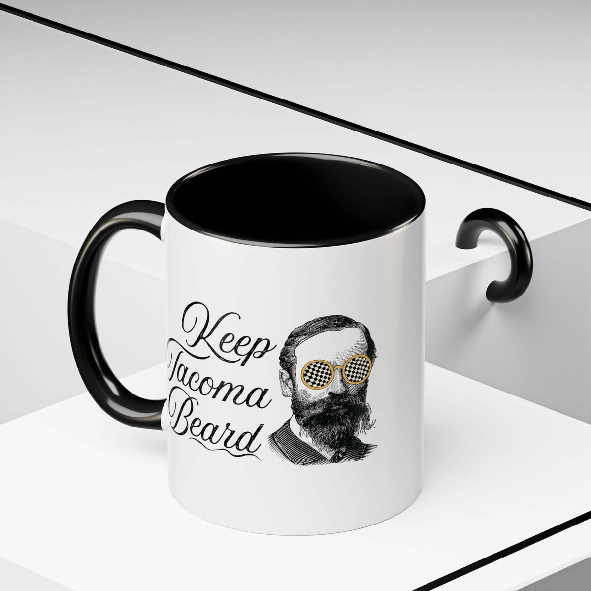 Keep Tacoma Beard Ceramic Coffee Mug featuring a vintage bearded man in sunglasses.