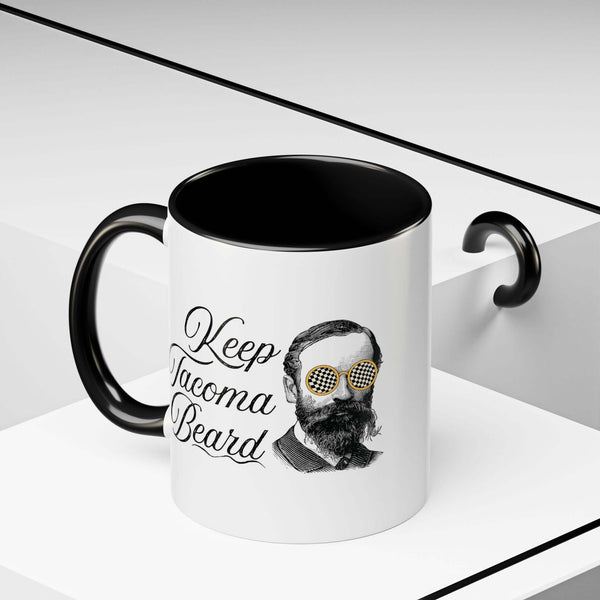 Keep Tacoma Beard Ceramic Coffee Mug featuring a vintage bearded man in sunglasses.