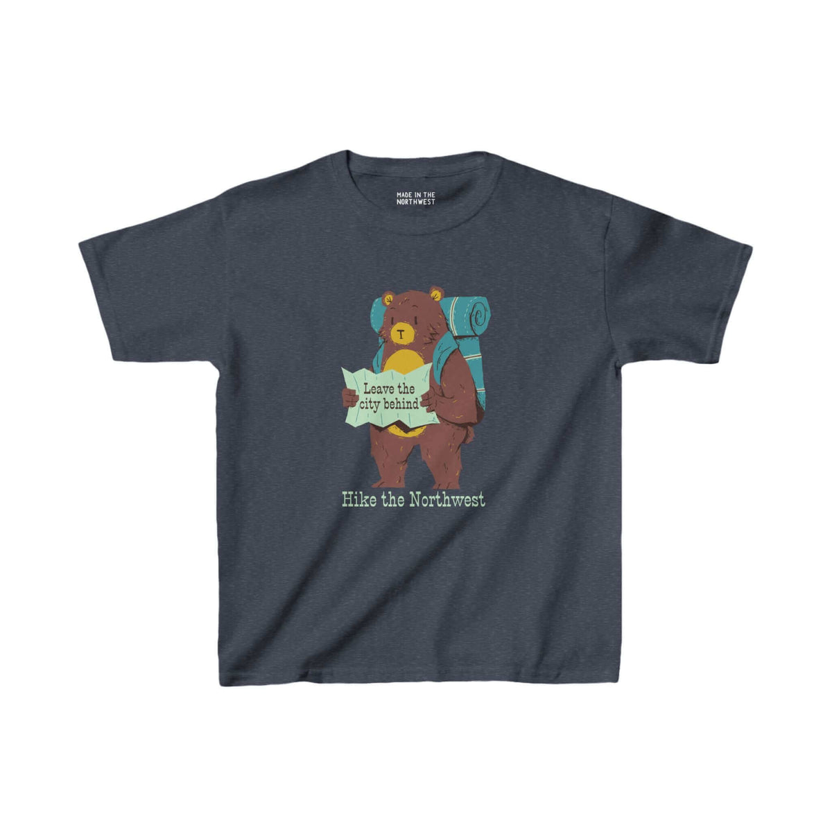 Bear's Big Northwest Adventure Kids' Tee with bear, backpack, and map, perfect for young outdoor explorers.