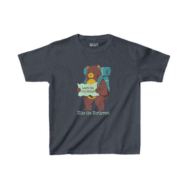 Bear's Big Northwest Adventure Kids' Tee with bear, backpack, and map, perfect for young outdoor explorers.