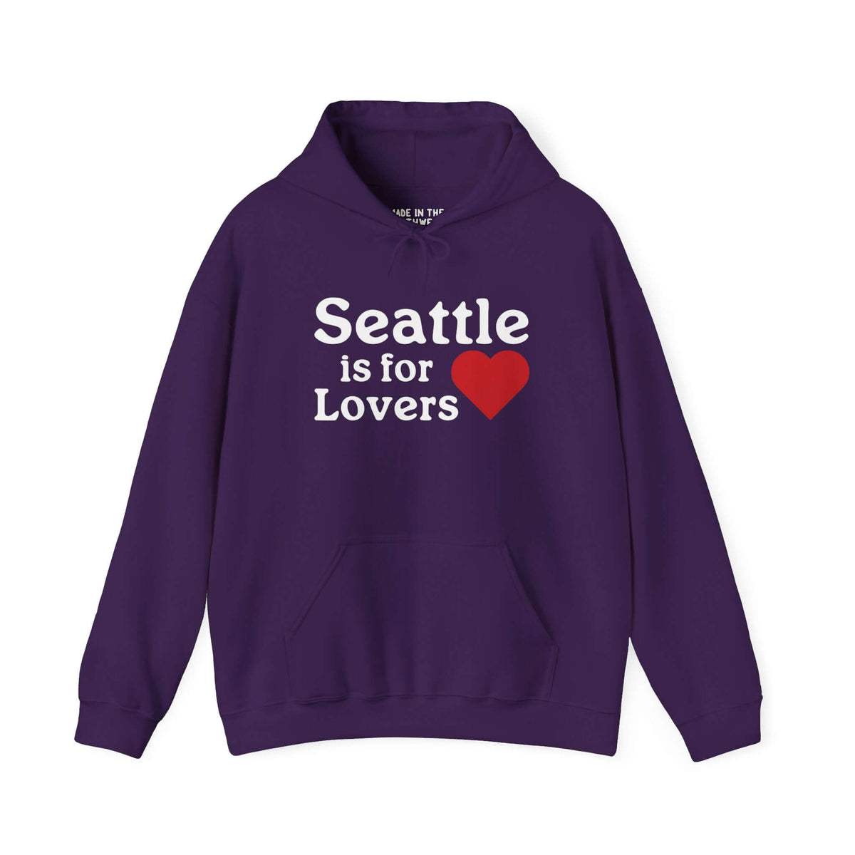 Purple hoodie with "Seattle is for Lovers" text and red heart design on the front.