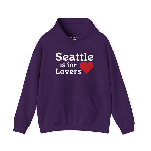 Purple hoodie with "Seattle is for Lovers" text and red heart design on the front.