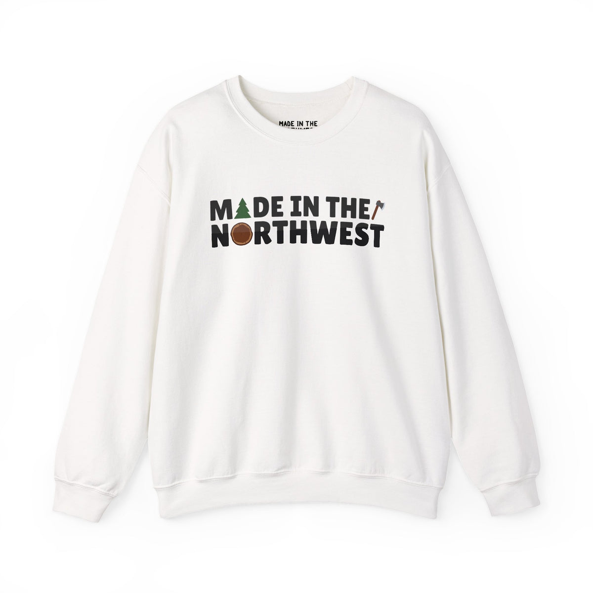 Northwest Woodlands sweatshirt featuring 'Made in the Northwest' text, trees, and an axe design for nature lovers.