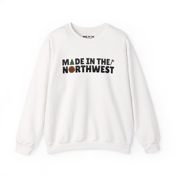 Northwest Woodlands sweatshirt featuring 'Made in the Northwest' text, trees, and an axe design for nature lovers.