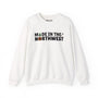 Northwest Woodlands sweatshirt featuring 'Made in the Northwest' text, trees, and an axe design for nature lovers.