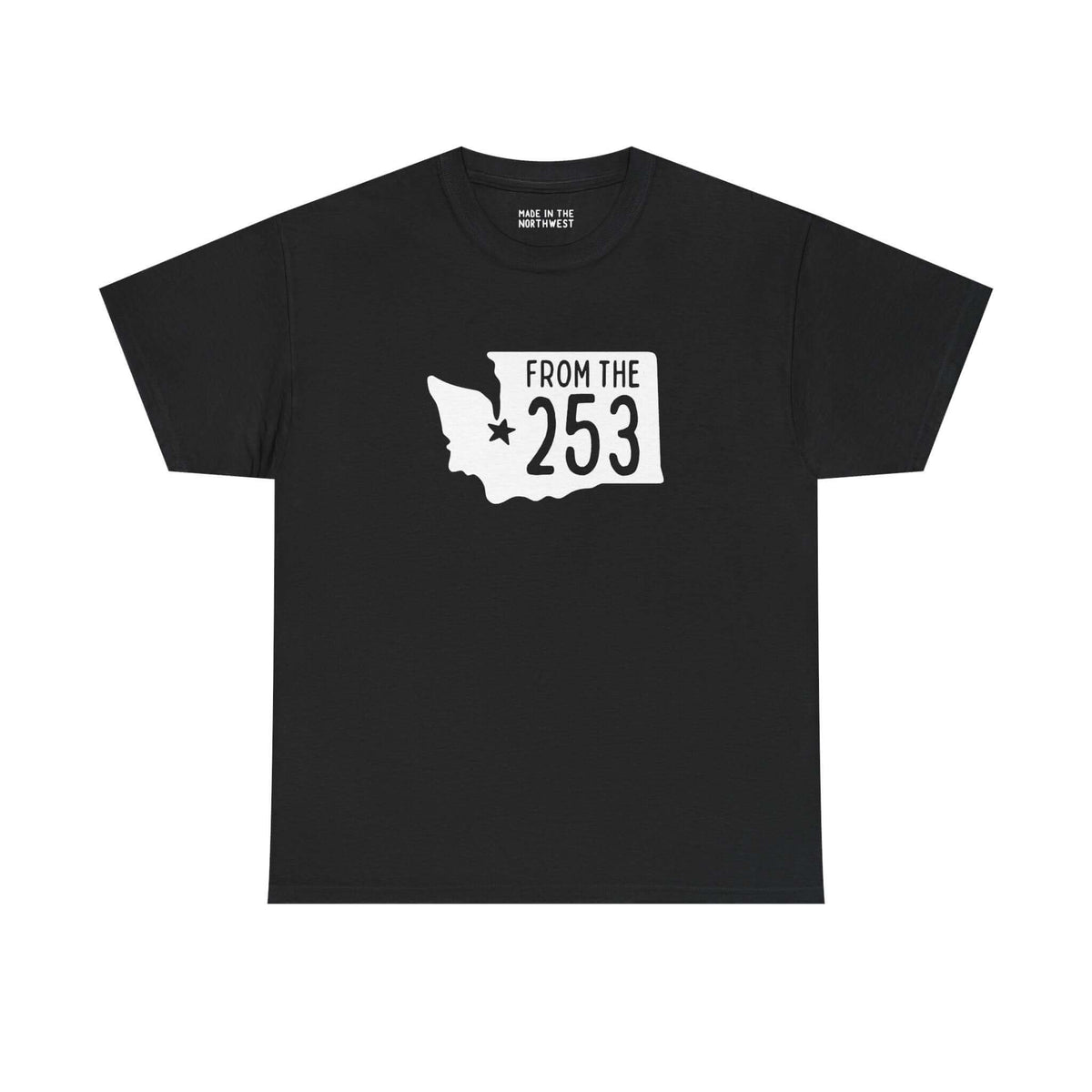 From the 253 Washington State black tee featuring Tacoma star design, perfect for local pride and city spirit.