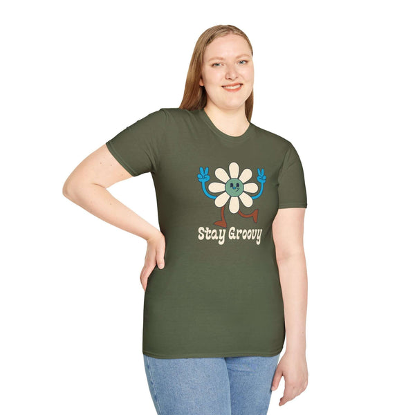 Stay Groovy Retro Flower T-Shirt featuring a colorful flower design and vintage 70s typography.