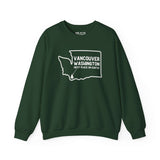 Vancouver Washington map outline sweatshirt in dark green with tree icon, showcasing Pacific Northwest style and hometown pride.