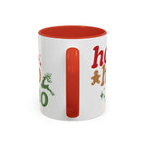 Ho Ho Ho Mug with colorful interior and handle, featuring reindeer and gingerbread man design.
