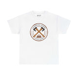 Chopping Wood Looks Good athletic tee featuring a bold crossed axe graphic on a white shirt.