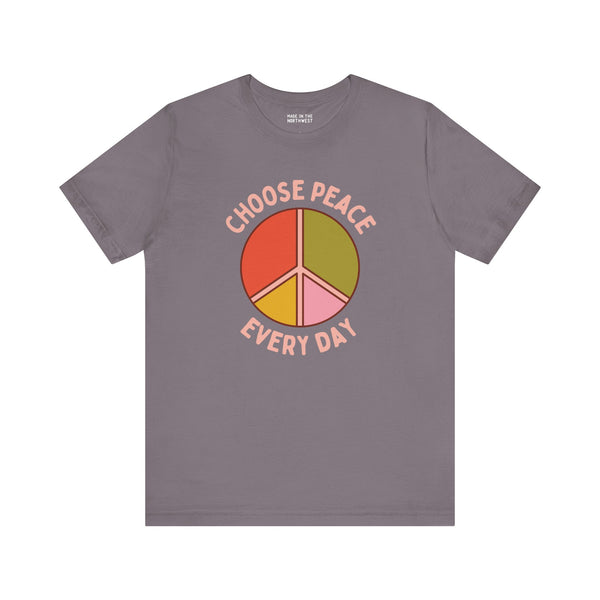Choose Peace Every Day premium soft tee featuring a colorful peace symbol design on a gray background.