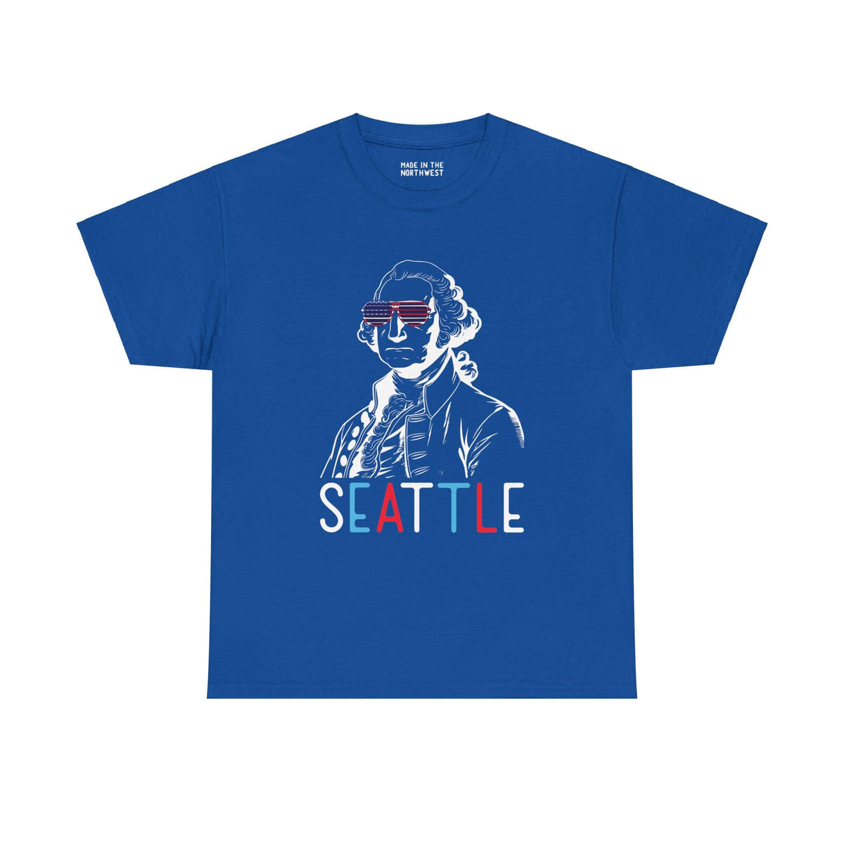 Blue Seattle tee with George Washington and USA sunglasses design, celebrating Fourth of July and local Seattle pride.