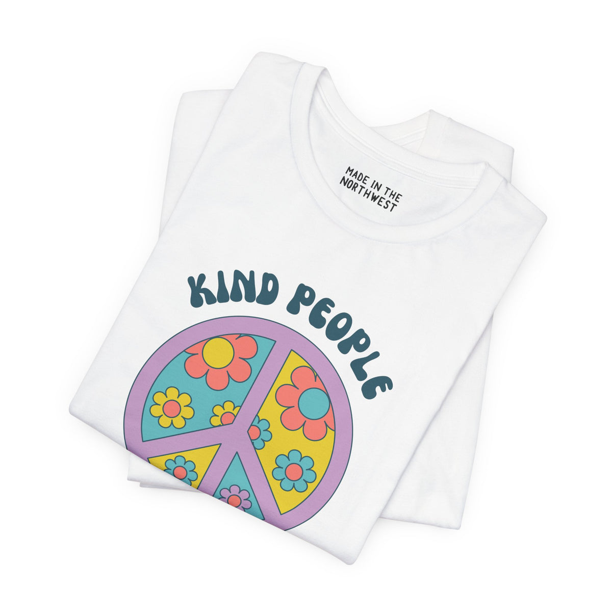Kind People Are My People soft tee featuring a colorful floral peace sign design, promoting positivity and good vibes.