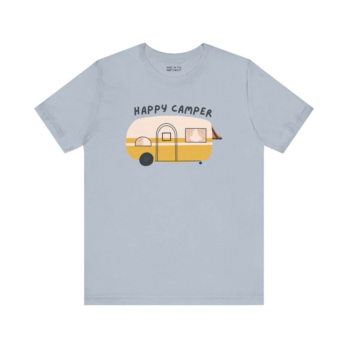 Happy Camper Adventure soft tee featuring a cute vintage camper design for adventure lovers.