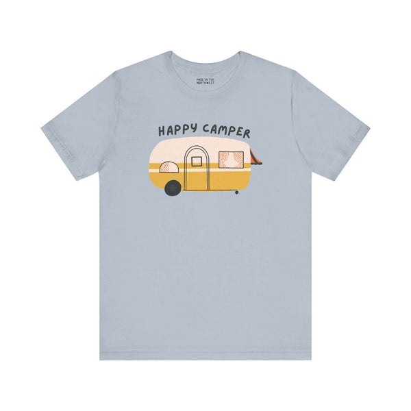 Happy Camper Adventure soft tee featuring a cute vintage camper design for adventure lovers.