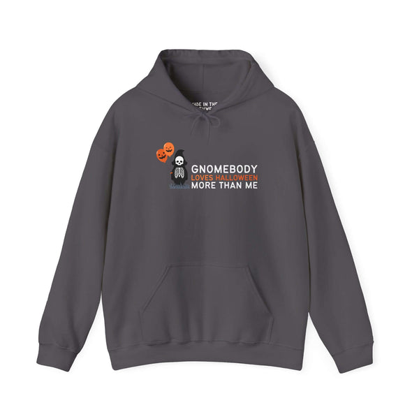 Gnomebody Loves Halloween More Than Me hoodie with skeleton gnome and Halloween balloons design.