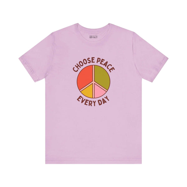 Choose Peace Every Day premium soft tee with colorful peace symbol on a light pink background.