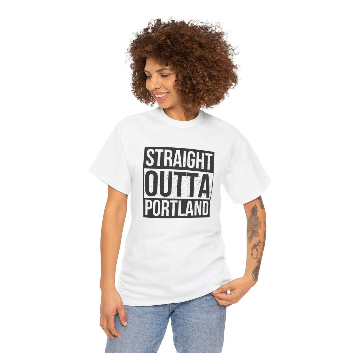 Person wearing "Straight Outta Portland" athletic tee, showcasing city pride with a classic streetwear style.