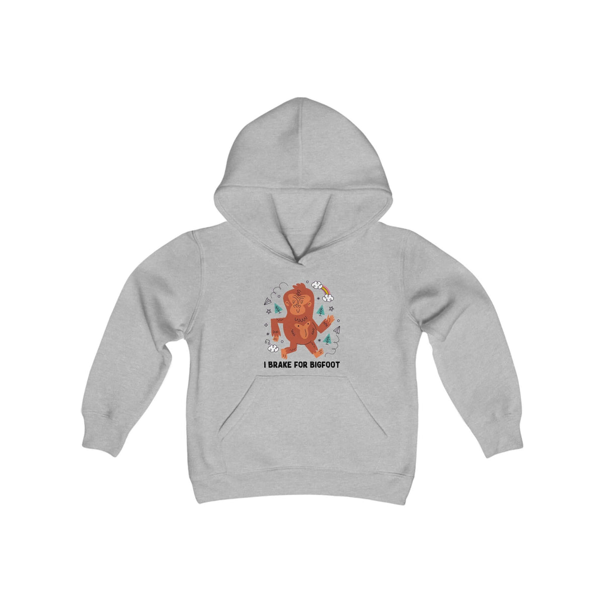 Kids gray "I Brake for Bigfoot" hoodie with playful Bigfoot design, perfect for young adventurers who love the outdoors and mysteries.