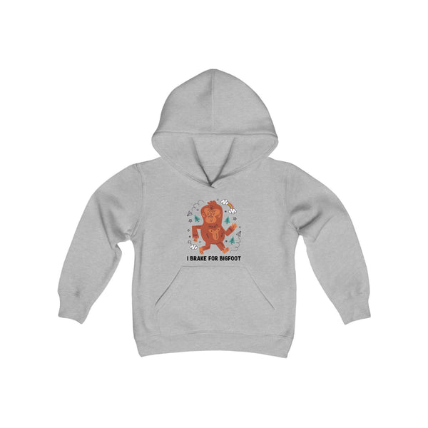 Kids gray "I Brake for Bigfoot" hoodie with playful Bigfoot design, perfect for young adventurers who love the outdoors and mysteries.