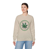 Woman wearing a Homegrown Vibes: PNW Edition sweatshirt with marijuana leaf design, symbolizing Pacific Northwest lifestyle.