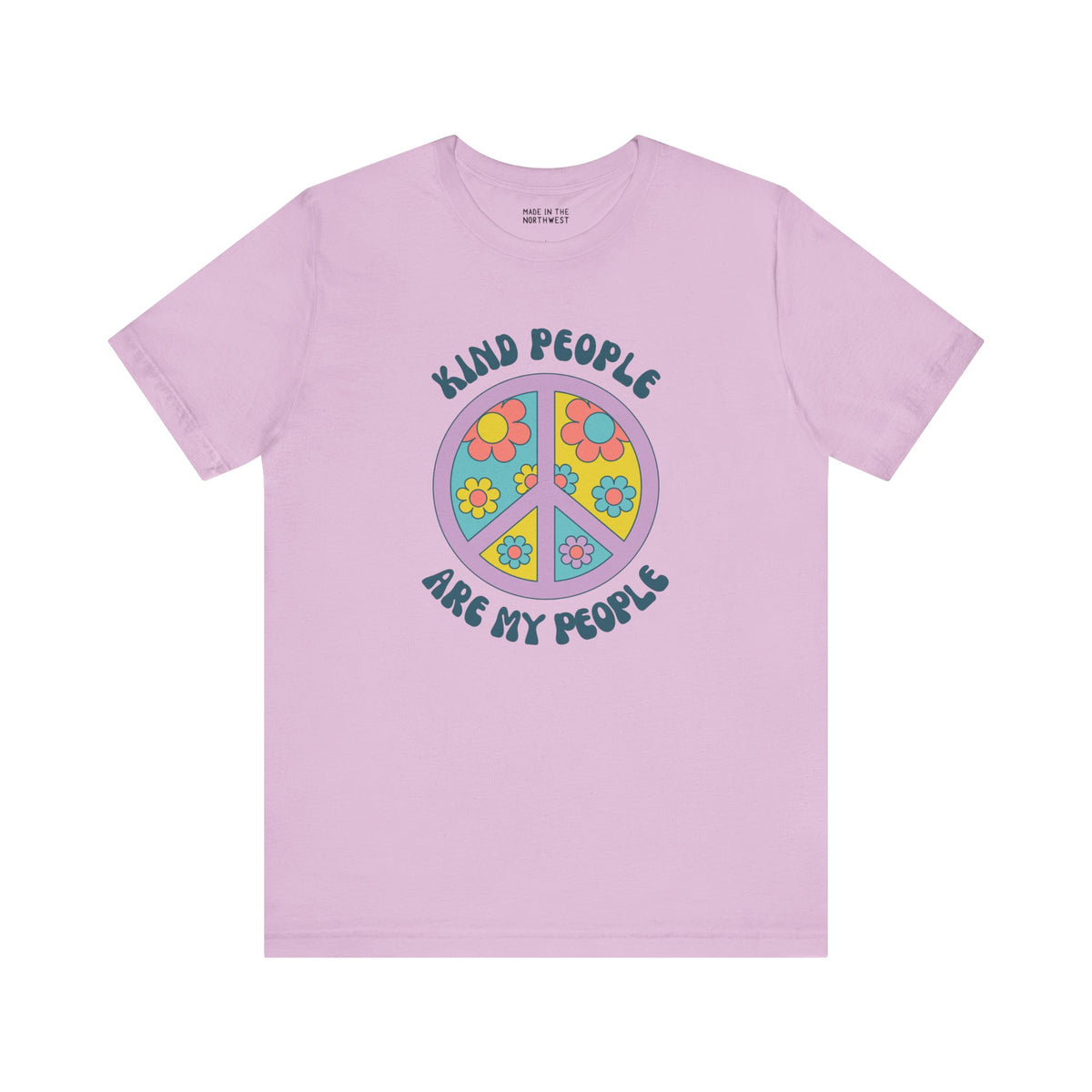 Premium soft tee featuring a floral peace sign with the text 'Kind People Are My People' on a light purple background.