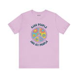 Premium soft tee featuring a floral peace sign with the text 'Kind People Are My People' on a light purple background.
