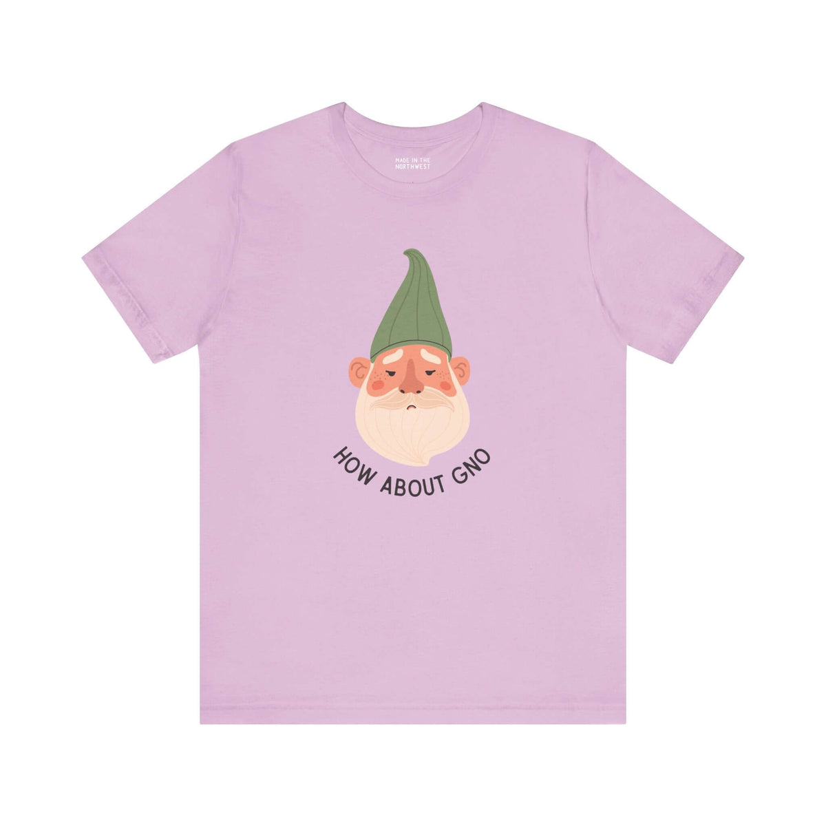 Premium soft tee in lavender featuring a playful gnome design with text 'How About Gno' for a fun statement.