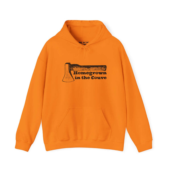Homegrown in the Couve orange hoodie featuring illustrated axe, showcasing Pacific Northwest pride and rustic charm.