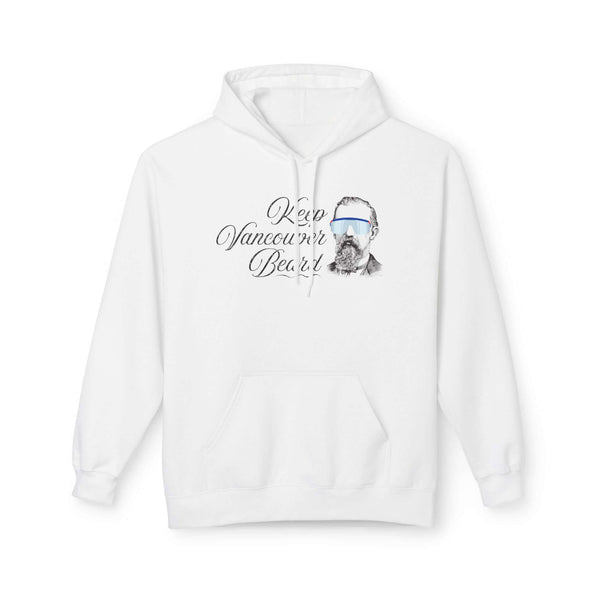 Keep Vancouver Beard Hoodie featuring a vintage bearded icon on a white sweatshirt, perfect for adventure and relaxation.