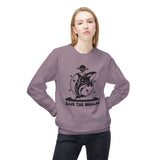 Save the Whales Sweatshirt – Cozy Ocean Crewneck worn by a model with whale illustration and retro banner design.