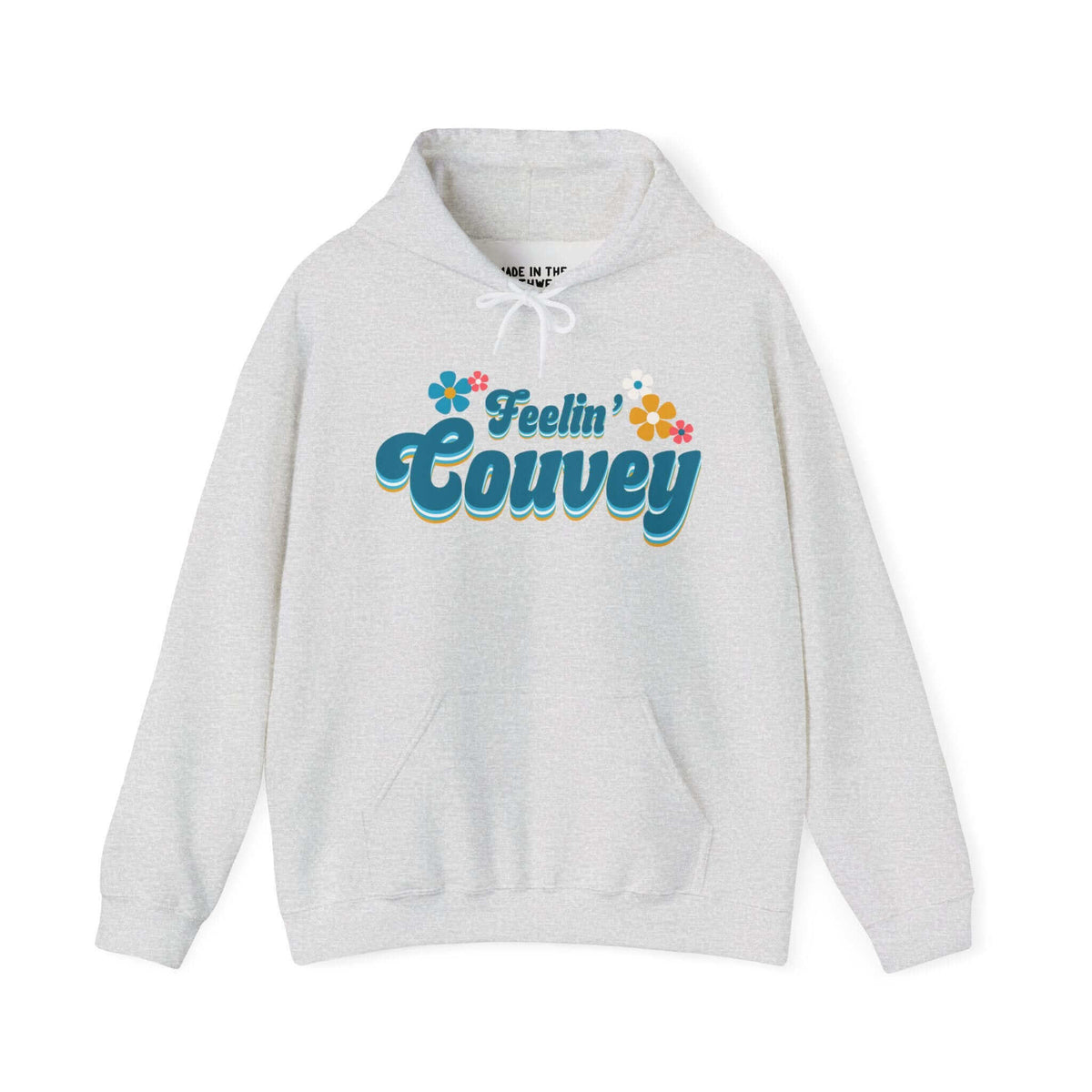 Feelin' Couvey hoodie with 70s font and aqua-pink flowers, celebrating Vancouver, Washington's retro charm.