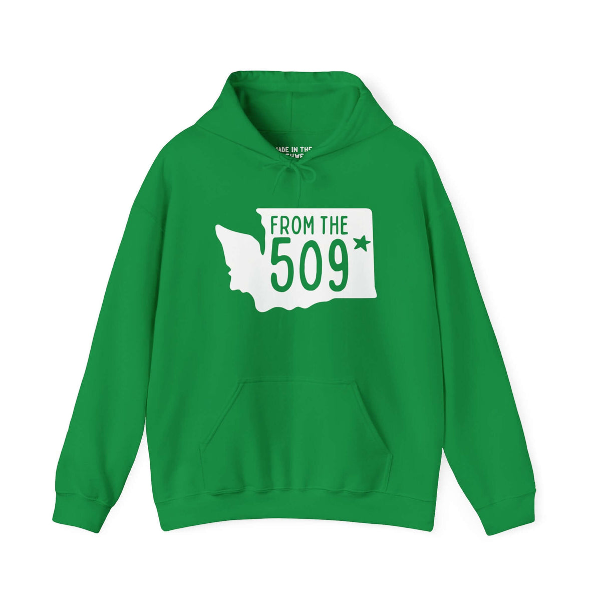 Green "From the 509" hoodie with Washington state silhouette and Spokane star, showcasing local pride and area code.