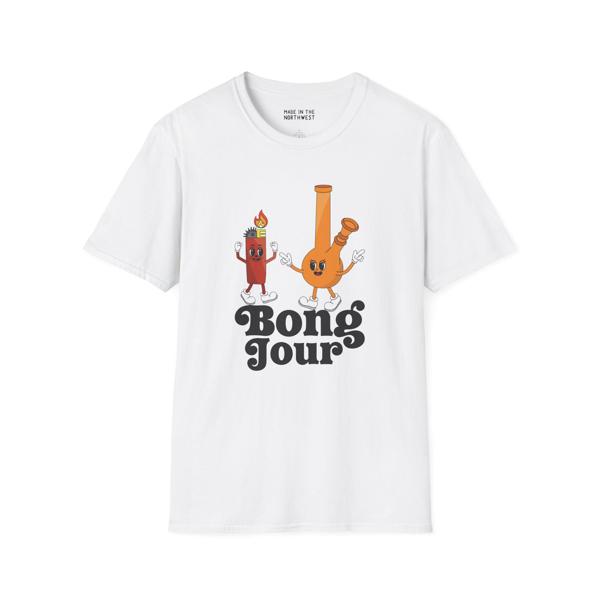Bong Jour Softstyle T-Shirt with playful bong and lighter design, perfect for cannabis lovers.