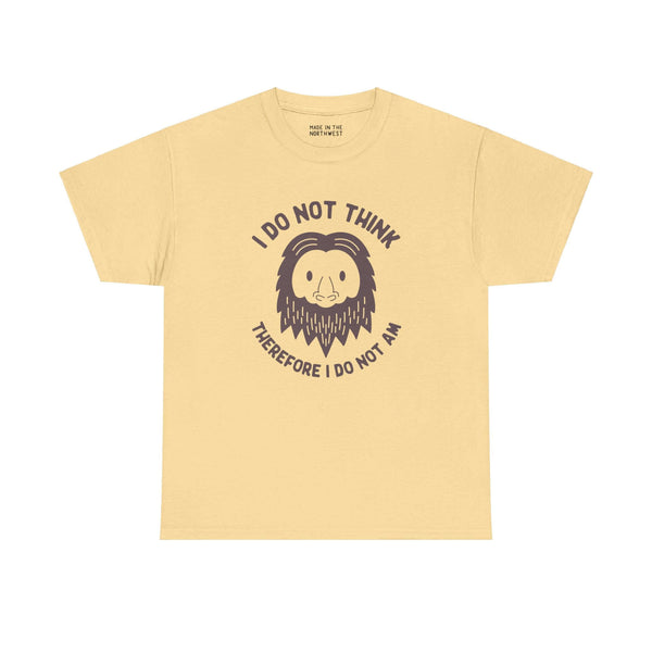 Yellow athletic tee with "I Do Not Think Therefore I Do Not Am" text, featuring Bigfoot's face for a humorous philosophical twist.