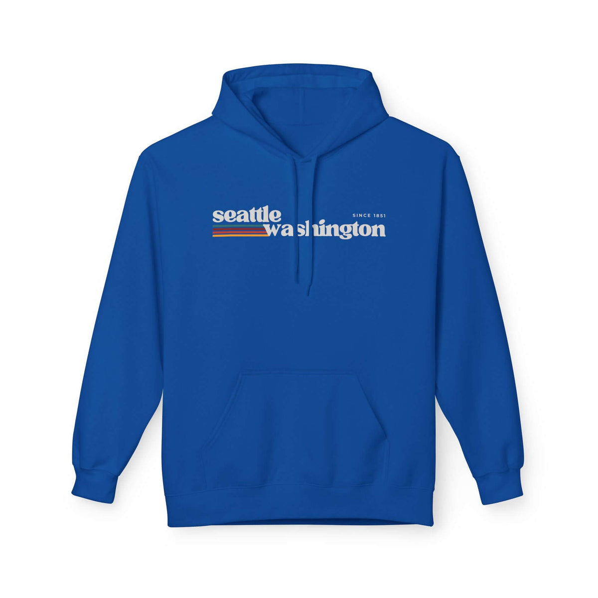 Retro Seattle Hoodie featuring Seattle Washington graphic and soft stripes in a vibrant blue color.