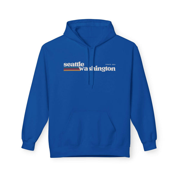 Retro Seattle Hoodie featuring Seattle Washington graphic and soft stripes in a vibrant blue color.