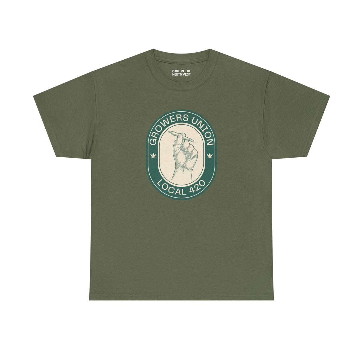 Grower's Union Local 420 athletic tee featuring a hand illustration and 420 culture design in olive green.