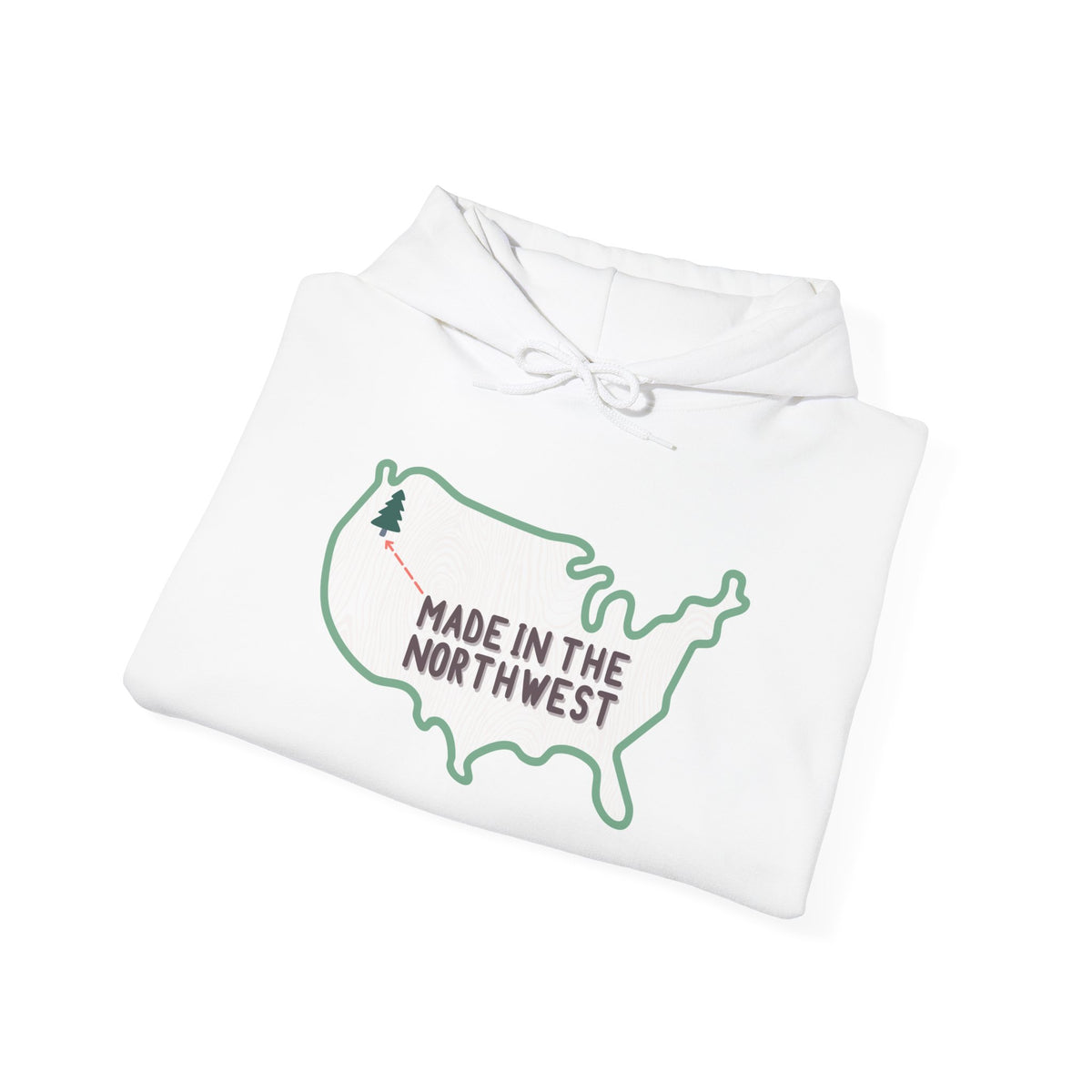 Cozy white hoodie with a woodgrain United States map and 'Made in the Northwest' design, celebrating PNW pride.